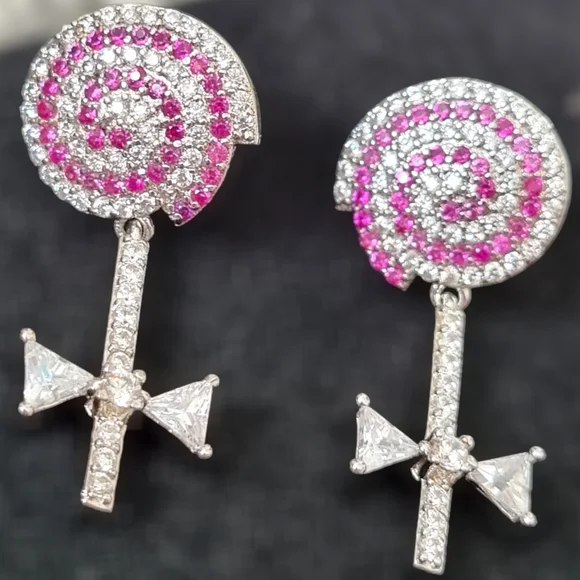 Rhinestone Lollipop Earrings with a Swirly Pink Pattern. NEW - Picture 1 of 3